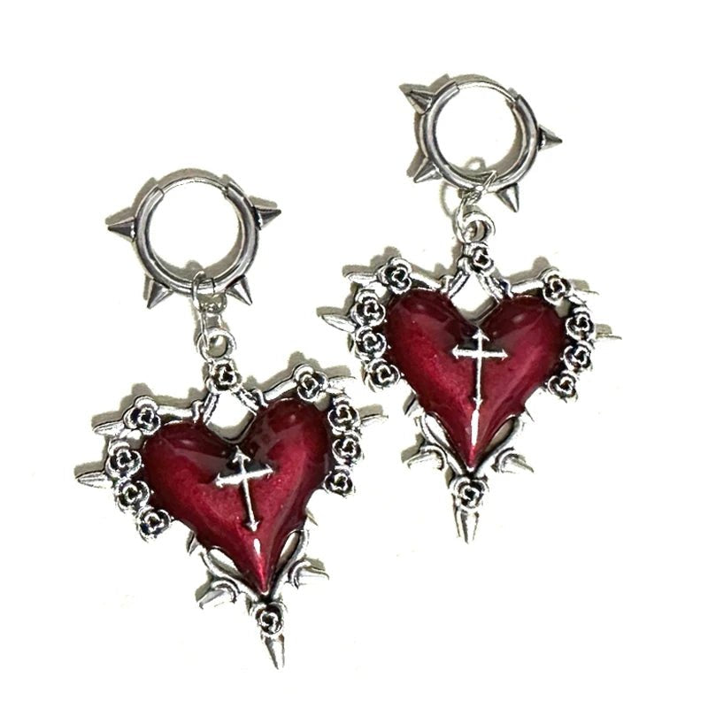 Goth Jewelry Thorns Heart Cross Earrings Red Drip Oil Rose Flower Earrings for Women Punk Charms Accessories Grunge Earr - AltBrat