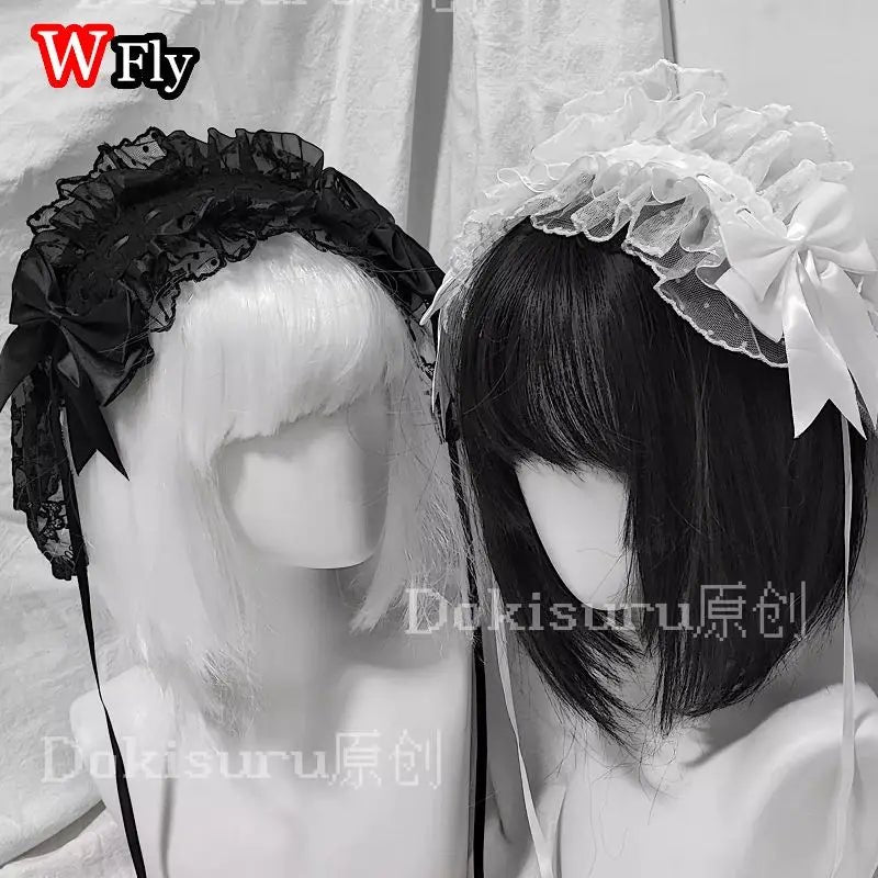 Veil style Women's Harajuku Steampunk Y2K Headwear Ruffled Floral Lace Bow Headband Lolita Gothic Headwear Hair Accessor - AltBrat