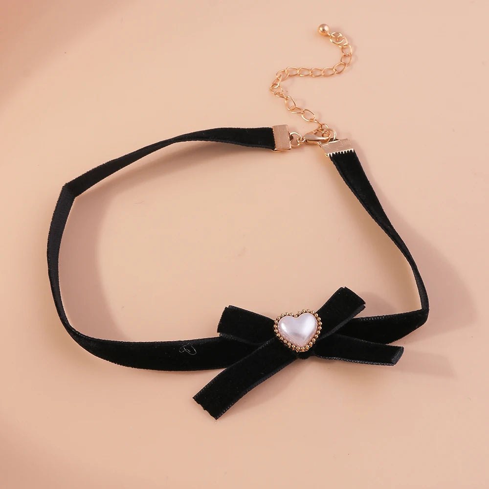 Fashion Black Bowknot Necklace Gothic Heart Lace Velvet Choker Necklaces for Women Girls Party Club Jewelry Gifts - AltBrat