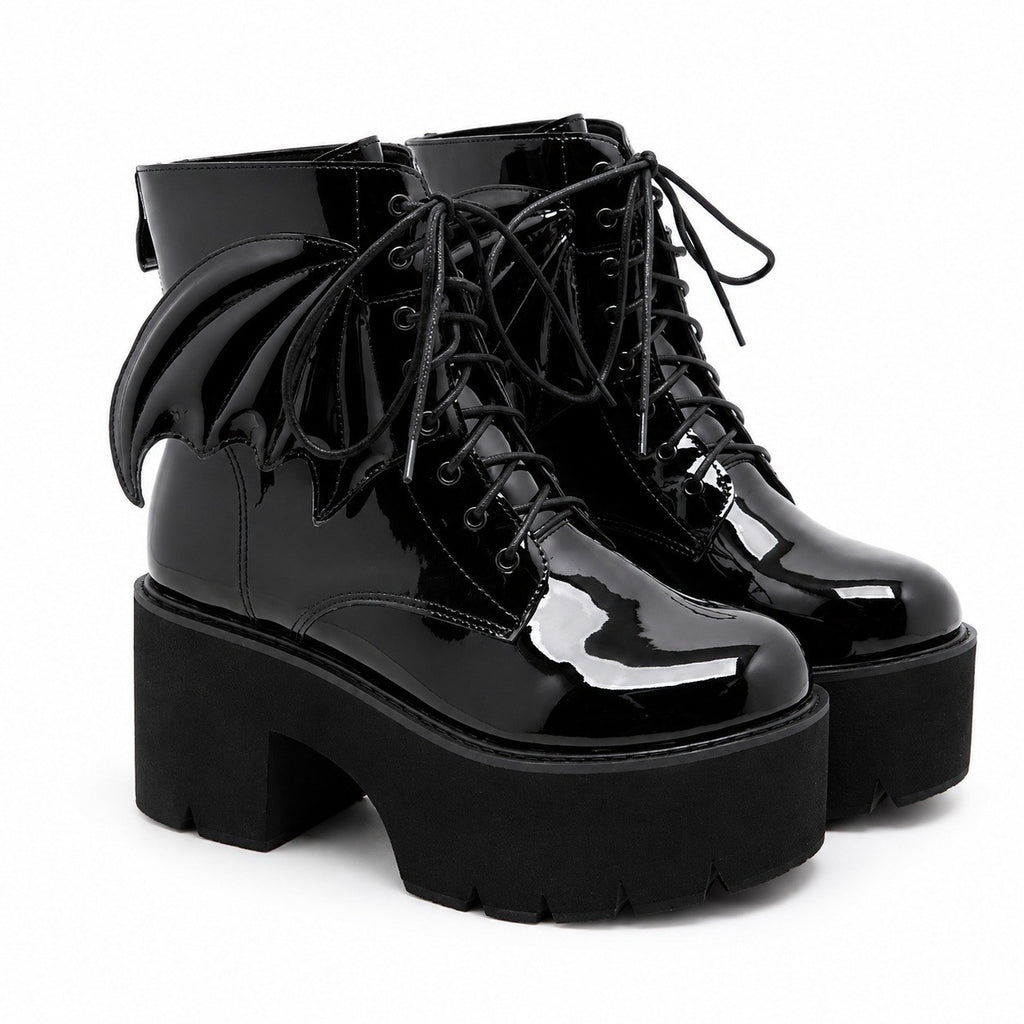 Bat Wing Patent Platform Ankle Boots - AltBrat