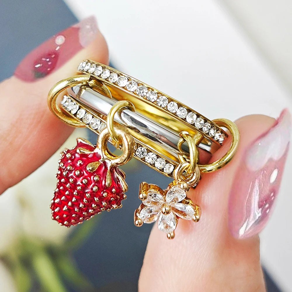 Sweet Strawberry Flower Charm Ring Set For Female INS New Stainless Steel Stacking Spinelli Kilcollin Rings Handmade Y2K - AltBrat