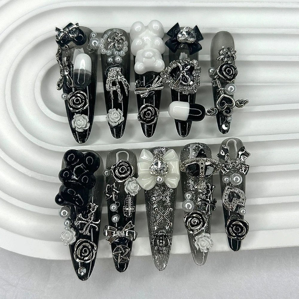 Cute Japanese Dark Jirai Long Tip Handmade Press On Nails Y2K Shibuya Spice Girl Fake Nails Bow Bear Rose Cross Glitter  - AltBrat