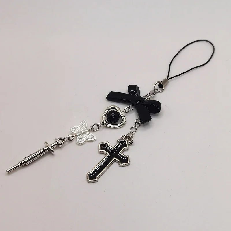 Black Punk Y2K Phone Pendant Chain Cool Girl Sweet Pink Beaded Charm With Cross Butterfly Love Accessories For iPhone Ca - AltBrat