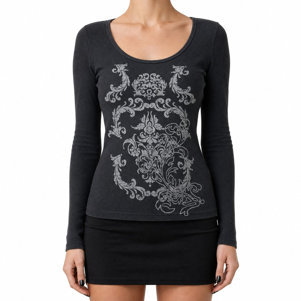 Baroque Filigree Print Waffle Long Sleeve Top - AltBrat