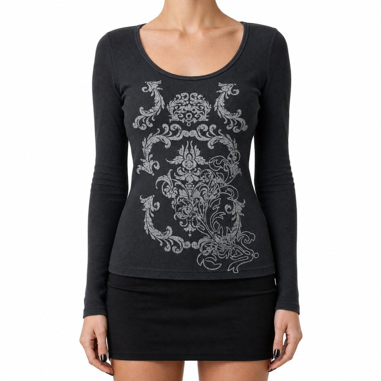 Baroque Filigree Print Waffle Long Sleeve Top - AltBrat