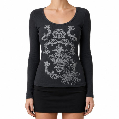Baroque Filigree Print Waffle Long Sleeve Top - AltBrat
