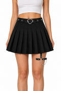 Pleated Skirt with Heart Buckle Belt (Black/White) - AltBrat