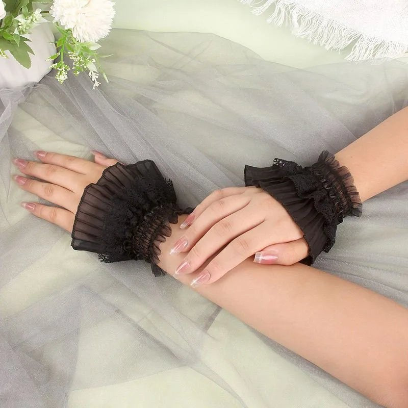 Gothic Lolita Hand Wrist Cuffs Bowknot LaceTrim Maid Cosplay Accessories For Women Girl Party - AltBrat