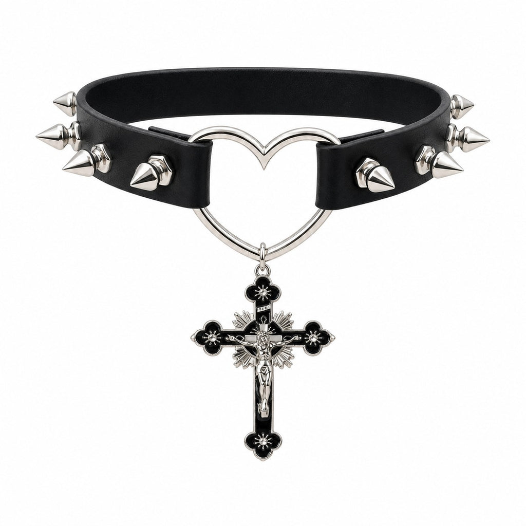 Spiked Heart-Ring Choker with Cross Pendant - AltBrat