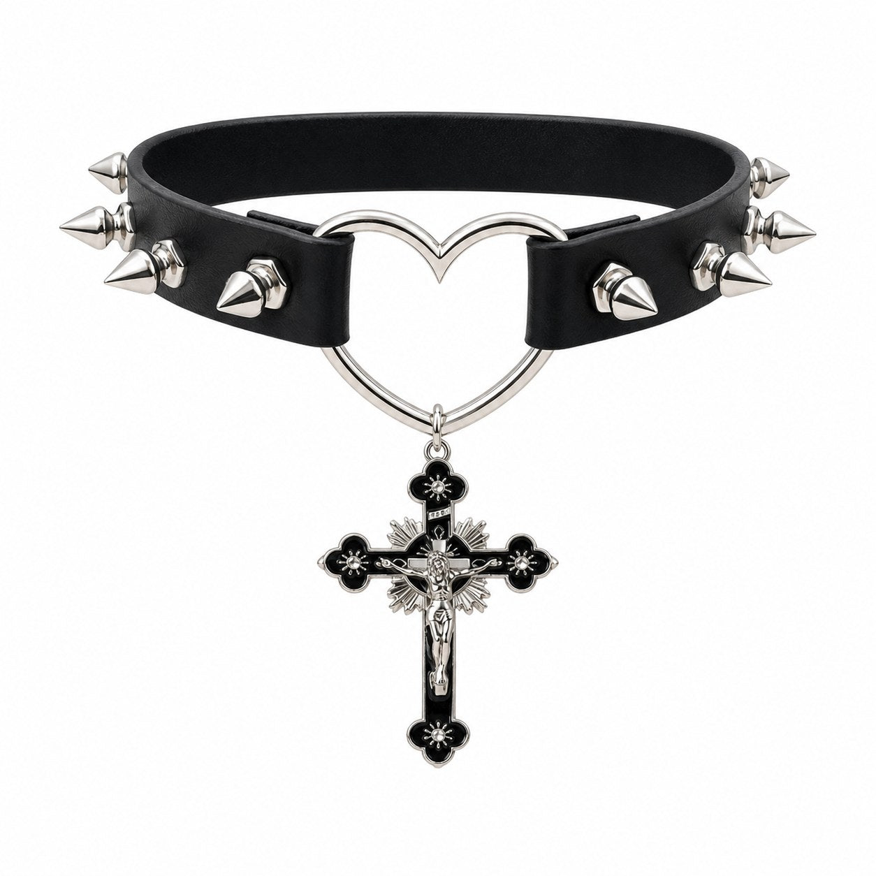 Spiked Heart-Ring Choker with Cross Pendant - AltBrat