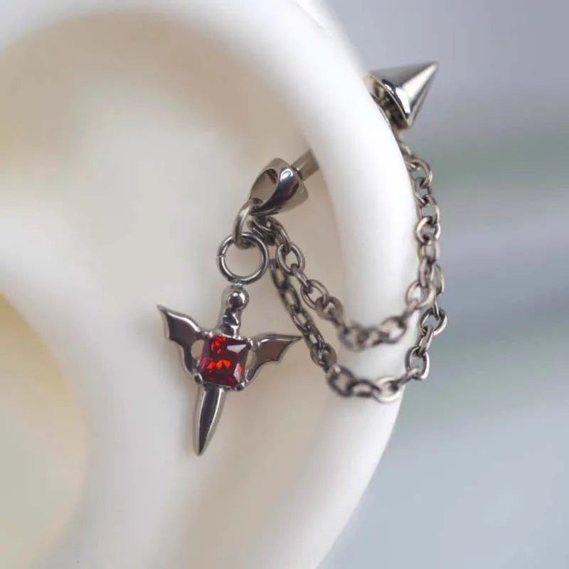 Stainless Steel Red Zircon Wing Chain Piercing Earring for Women Men Gothic Silver Color Rivet Ear Bone Nail Earring Y2K - AltBrat