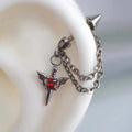 Stainless Steel Red Zircon Wing Chain Piercing Earring for Women Men Gothic Silver Color Rivet Ear Bone Nail Earring Y2K - AltBrat