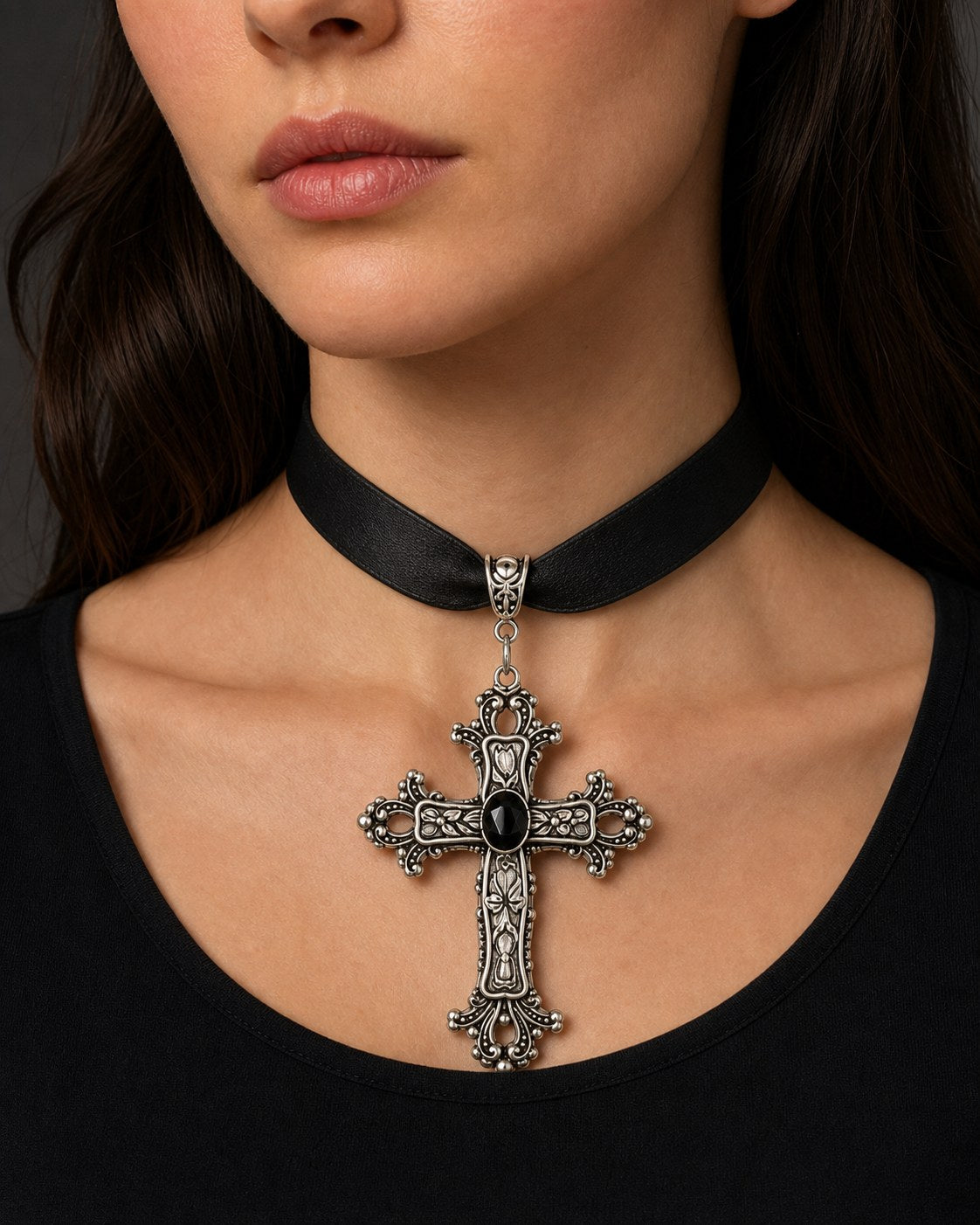 Large Gothic Cross Ribbon Choker Necklace - AltBrat