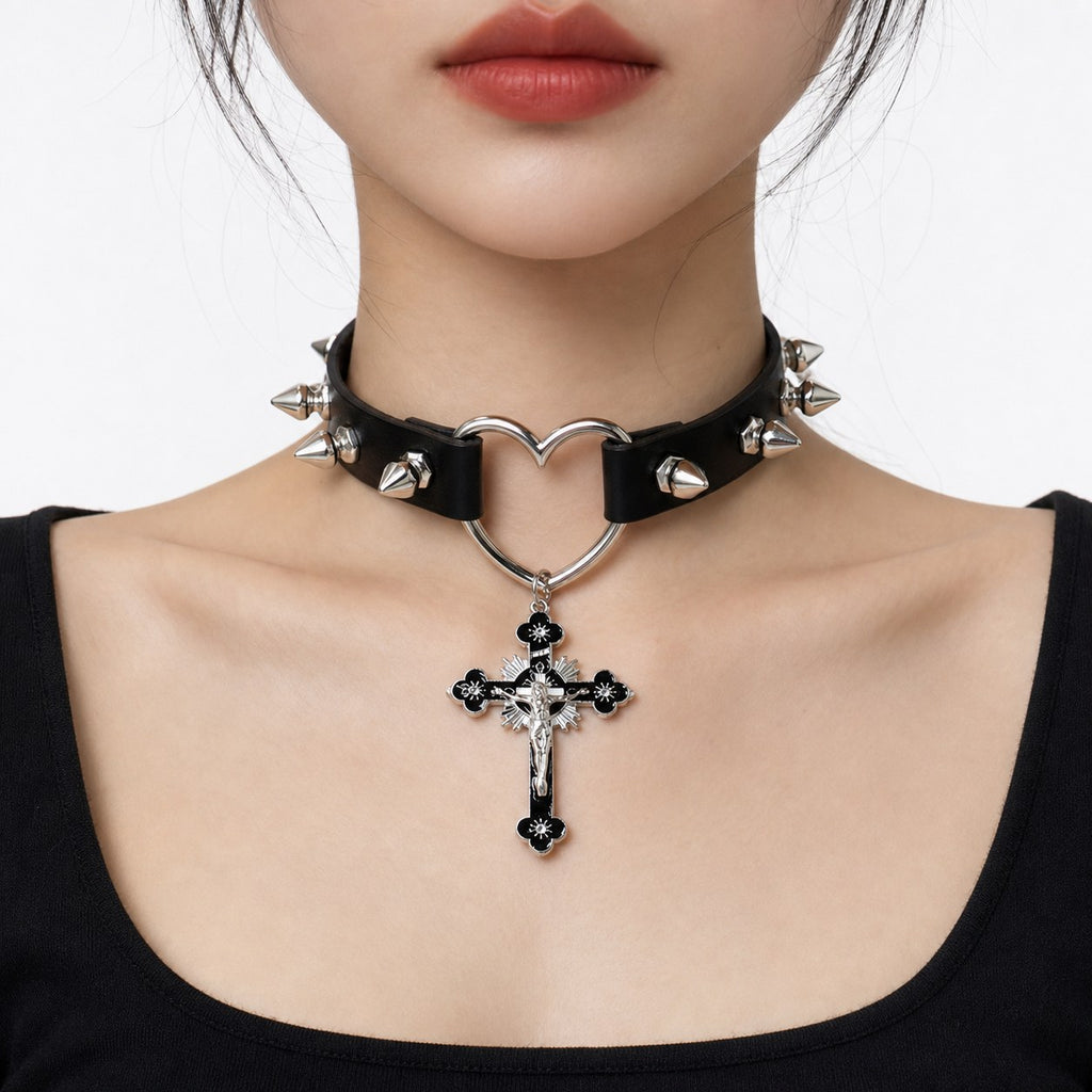 Spiked Heart-Ring Choker with Cross Pendant - AltBrat