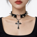 Spiked Heart-Ring Choker with Cross Pendant - AltBrat