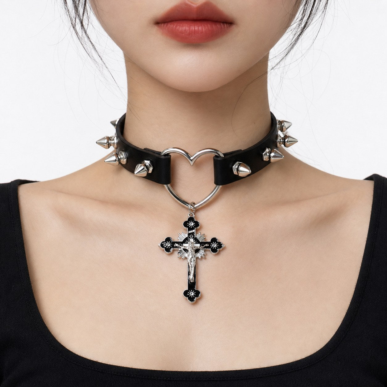 Spiked Heart-Ring Choker with Cross Pendant - AltBrat