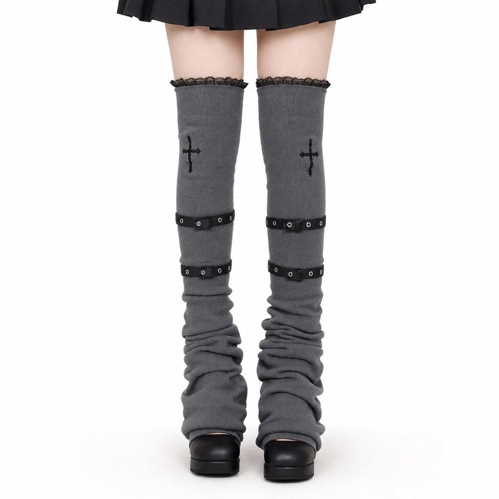 Lace Patchwork Flare Leg Warmers with Cross - AltBrat