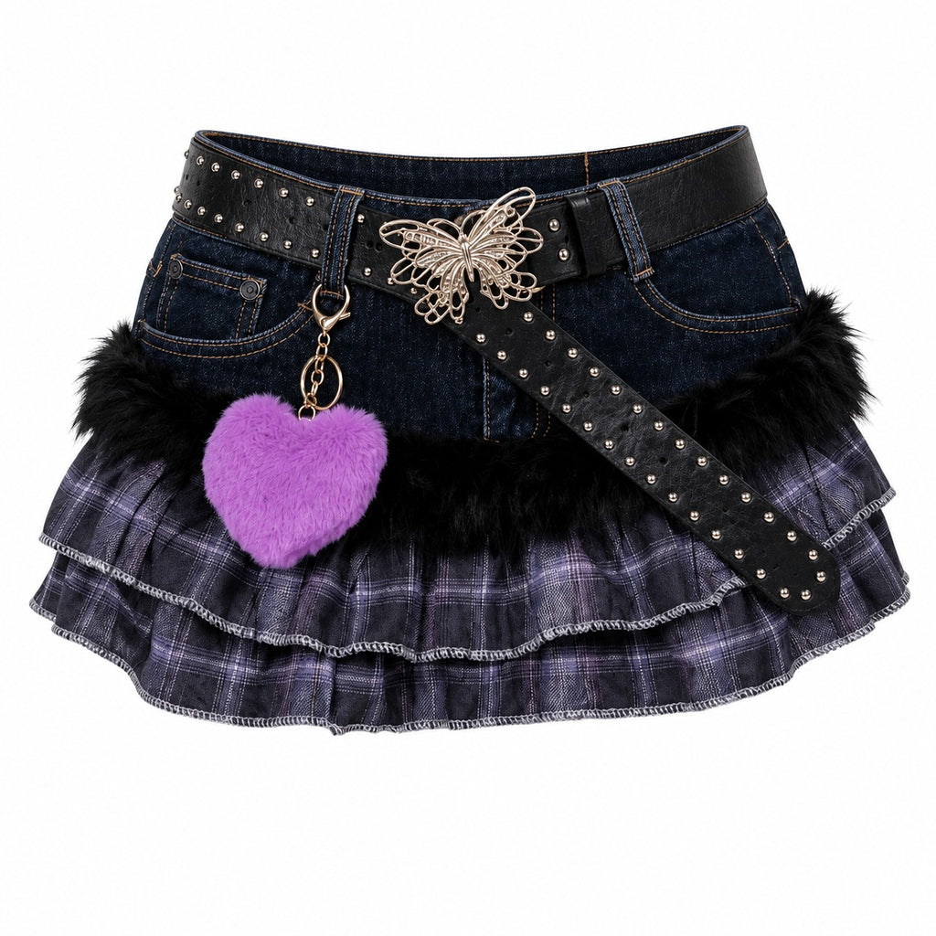 Grey Plaid Denim Ruffle Skirt with Fur Trim product