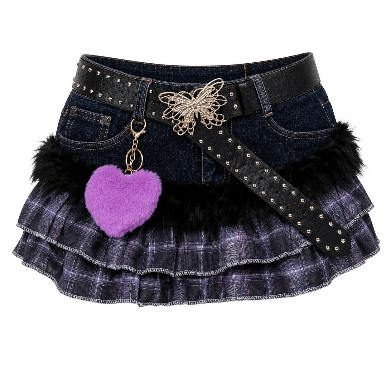 Grey Plaid Denim Ruffle Skirt with Fur Trim product