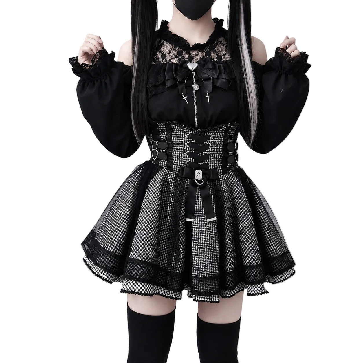 AltBrat Gothic Y2K Lolita lace off-shoulder top and plaid skirt set