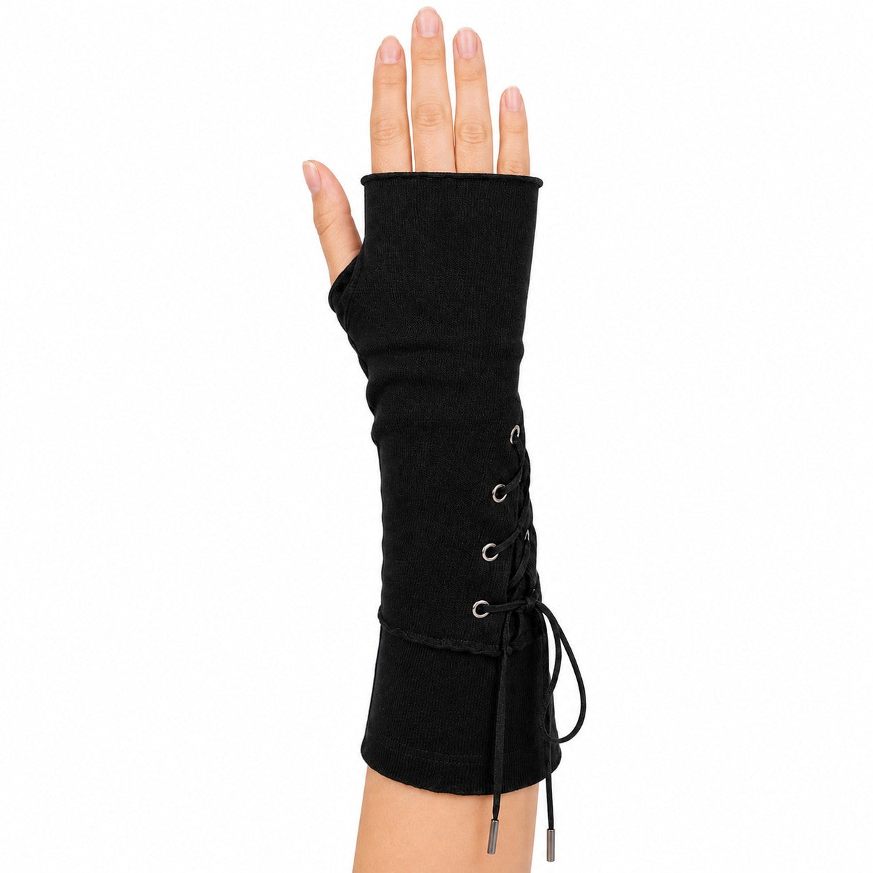 Grommet Lace-Up Long Fingerless Arm Warmers worn - AltBrat