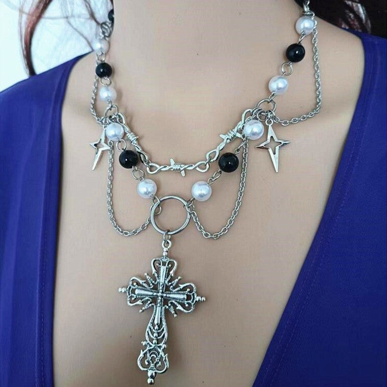 Faux Pearl Cross Necklace - Necklaces & Chokers for Jirai Kei, gothic & kawaii style | Cute Splikes