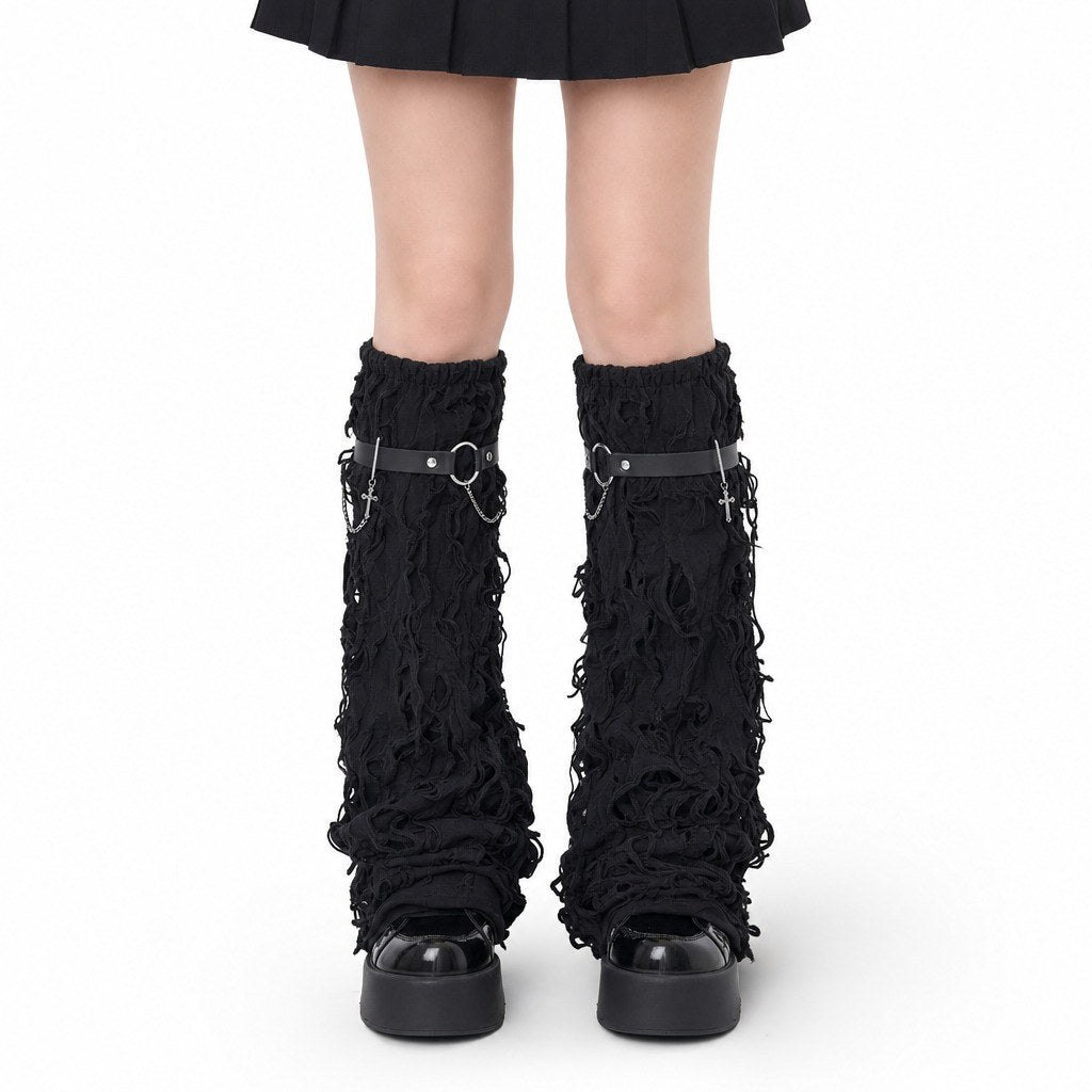 Ripped Distressed Leg Warmers with Cross Charm - AltBrat