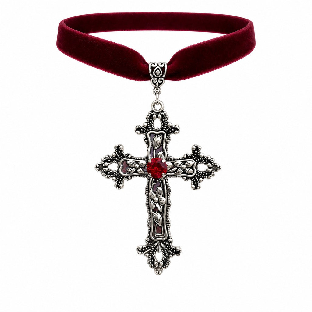 Velvet Choker with Ornate Gothic Cross Pendant - AltBrat