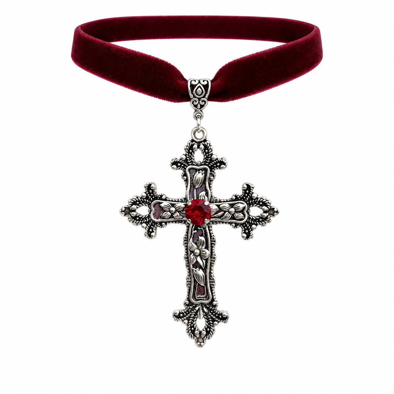 Velvet Choker with Ornate Gothic Cross Pendant - AltBrat