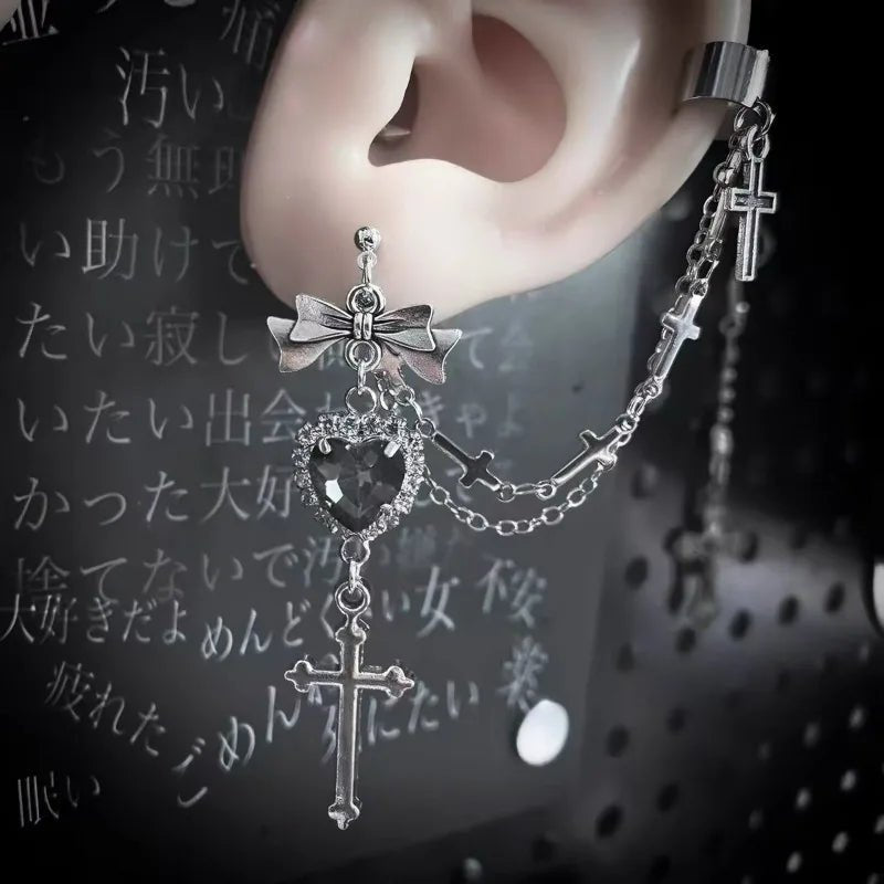 1/2Pcs Punk Black Crystal Heart Earrings Women Men Hip Hop One Piece Ear Bone Clips Bow Pendant Ear Studs Jewelry Gift E - AltBrat
