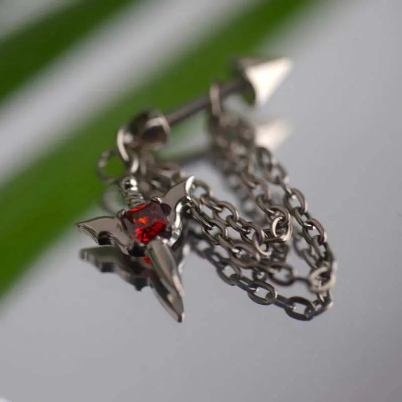 Stainless Steel Red Zircon Wing Chain Piercing Earring for Women Men Gothic Silver Color Rivet Ear Bone Nail Earring Y2K - AltBrat