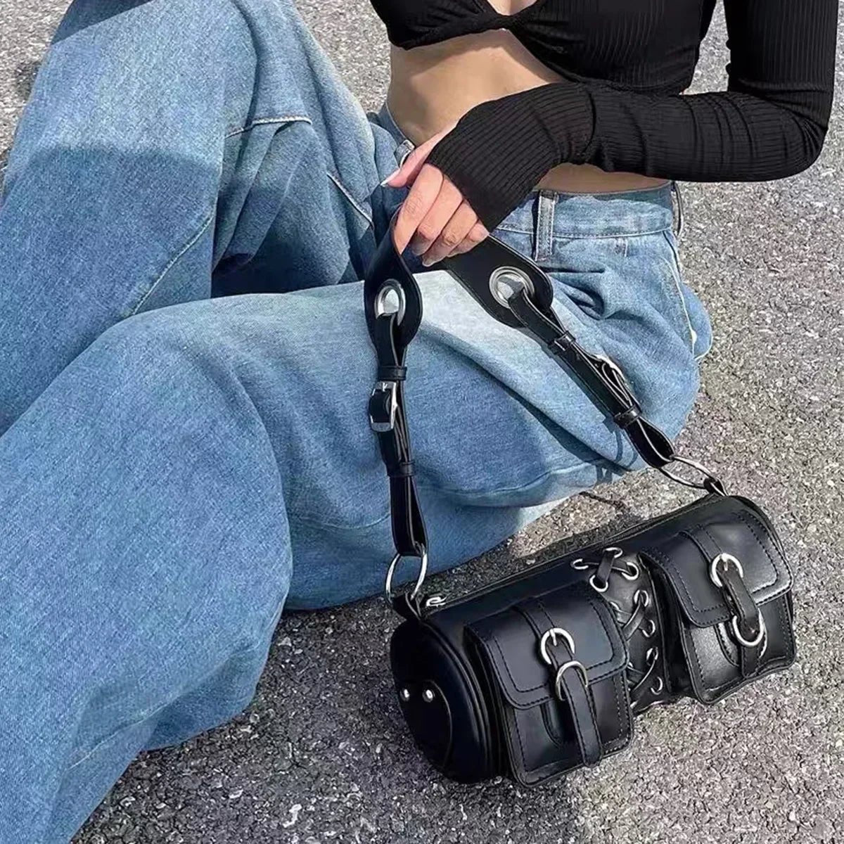 Y2K Korean Women Harajuku Vintage Gothic Black Hand Bag Aesthetic Elegant Punk Wallet Purse Handbags Shoulder Trend Tote - AltBrat