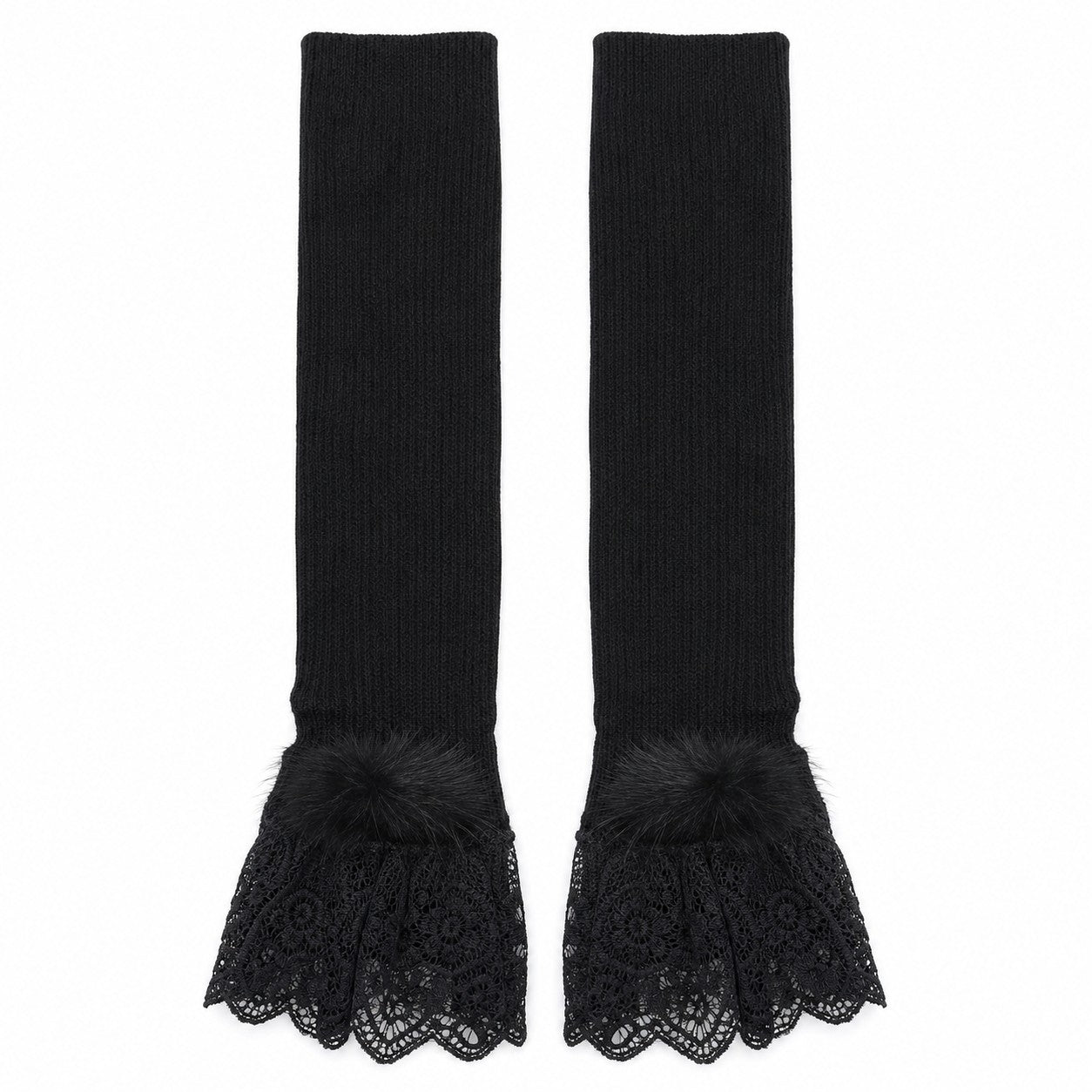 Ribbed Fingerless Long Gloves with Fur Pom Cuff