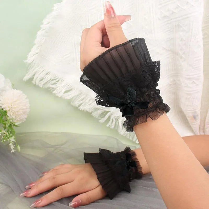 Gothic Lolita Hand Wrist Cuffs Bowknot LaceTrim Maid Cosplay Accessories For Women Girl Party - AltBrat