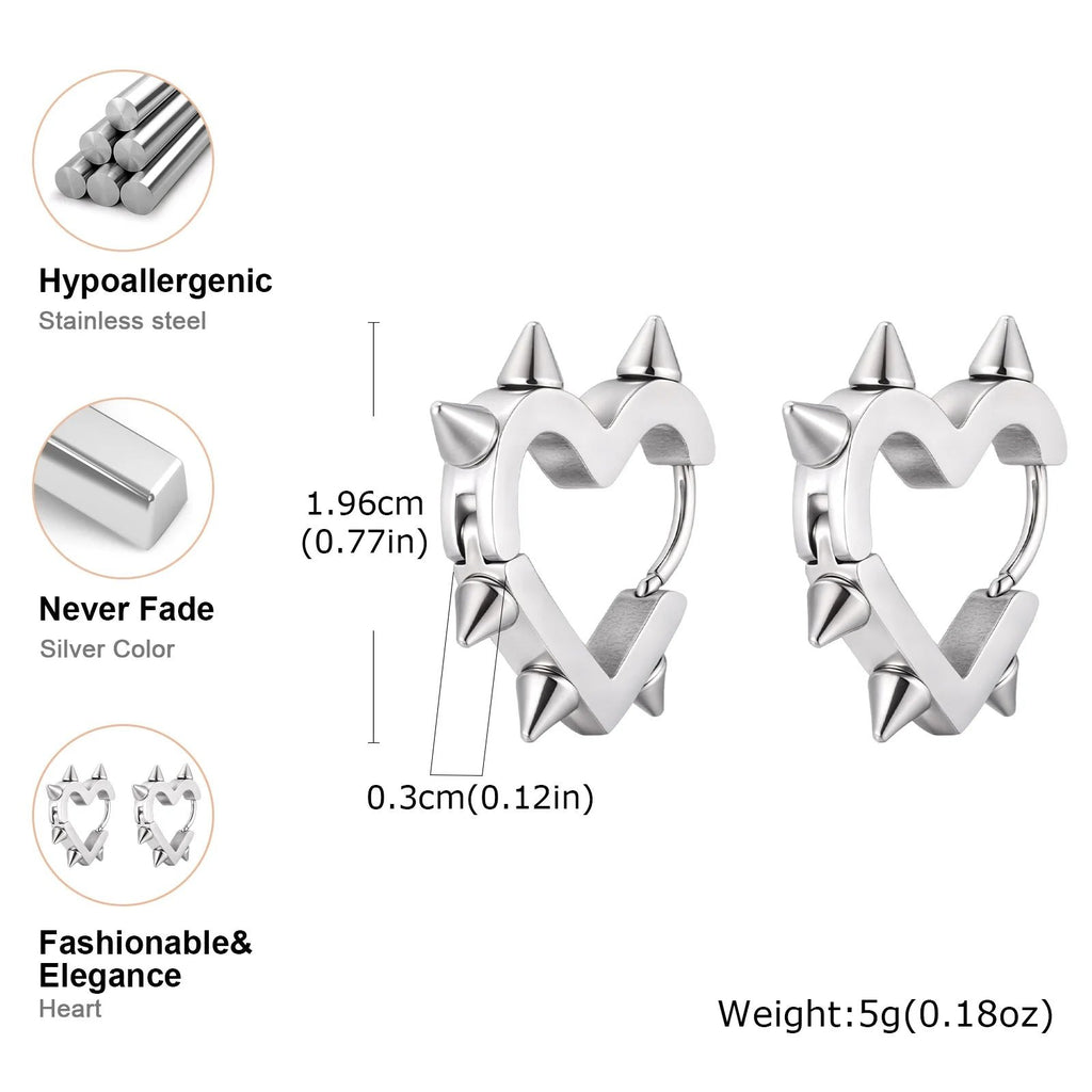 Creative Gothic Punk Rivet Heart Hoop Earrings, Stainless Steel Geometric Piercing Earrings, Unique Cool Jewelry for Par - AltBrat