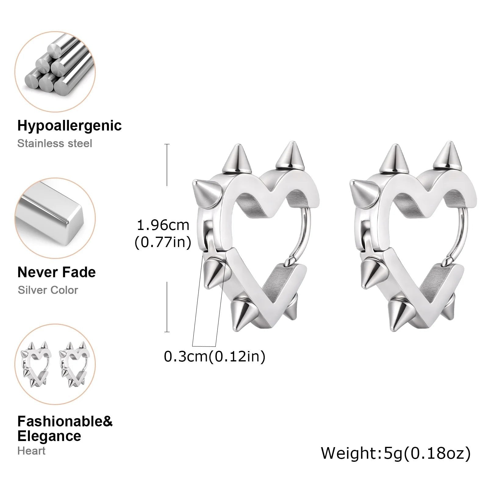 Creative Gothic Punk Rivet Heart Hoop Earrings, Stainless Steel Geometric Piercing Earrings, Unique Cool Jewelry for Par - AltBrat