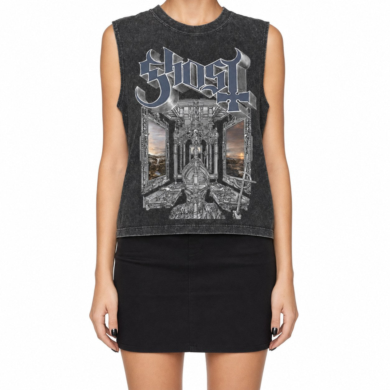 Ghost Cathedral Print Acid Wash Tank Top - AltBrat