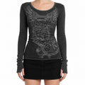 Winged Heart Skull Print Ribbed Long Sleeve Top