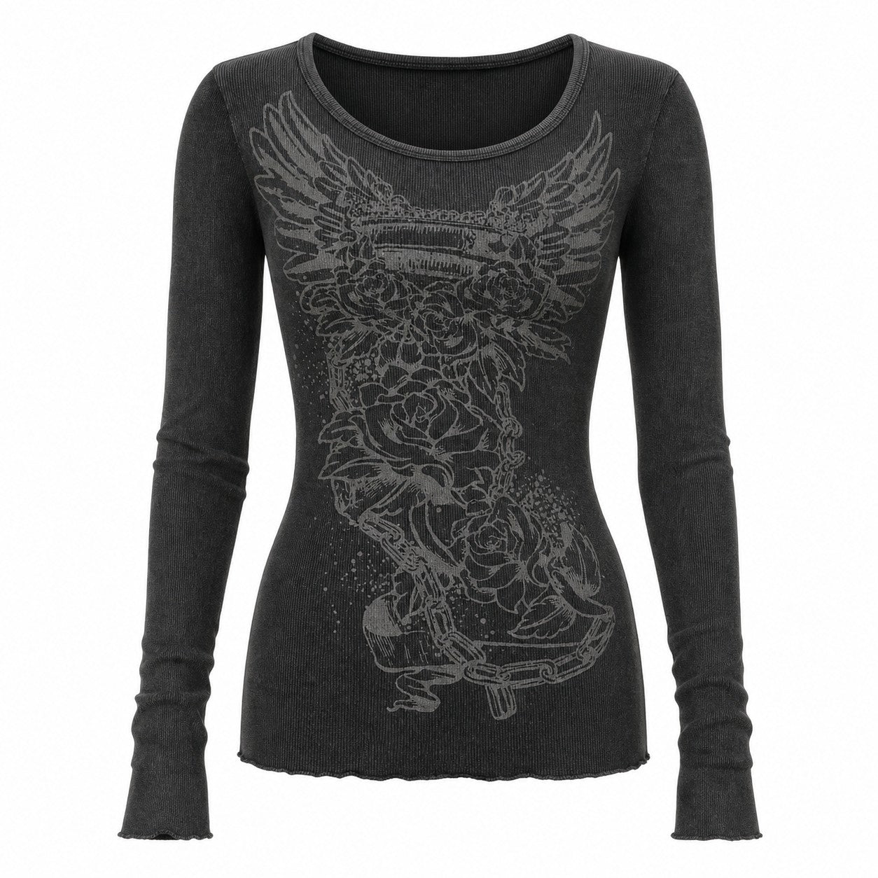Winged Heart Skull Print Ribbed Long Sleeve Top