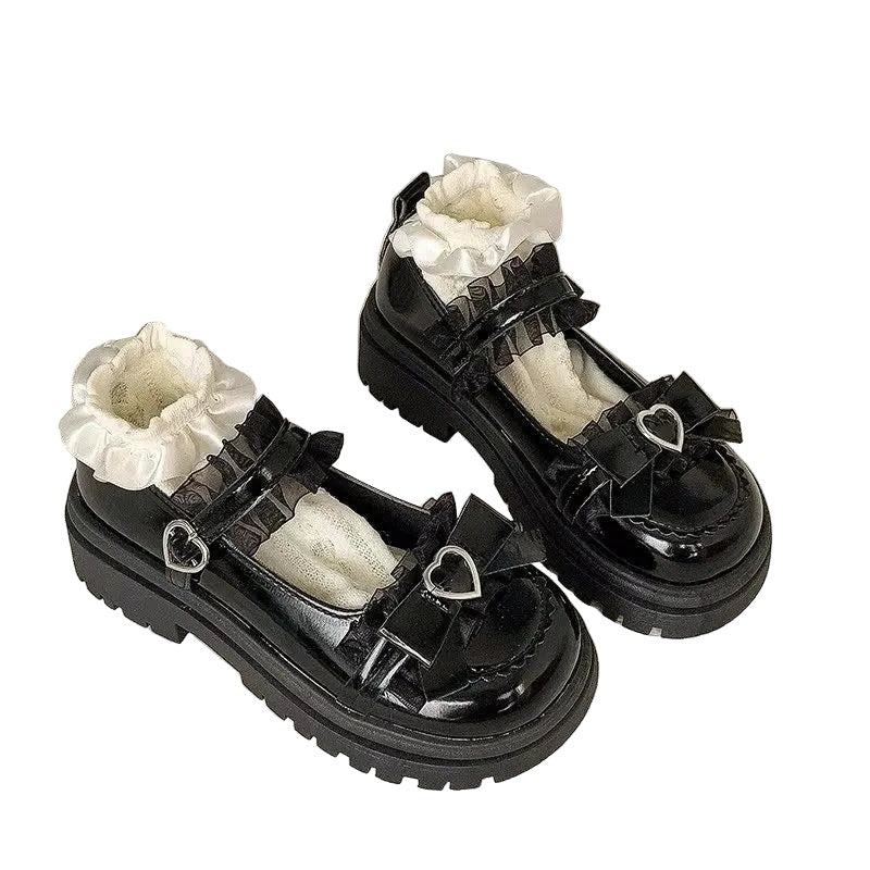 Lace Bow Heart Buckle Platform Mary-Jane Shoes — AltBrat