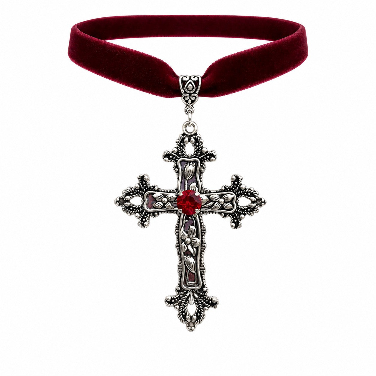 Velvet Choker with Ornate Gothic Cross Pendant