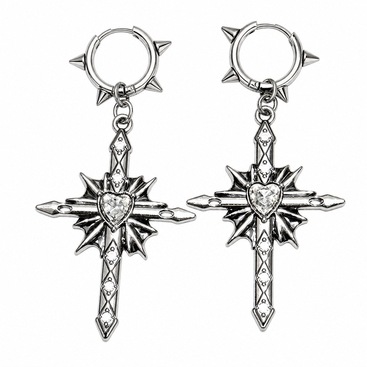 Thorn Spiked Heart Cross Drop Earrings