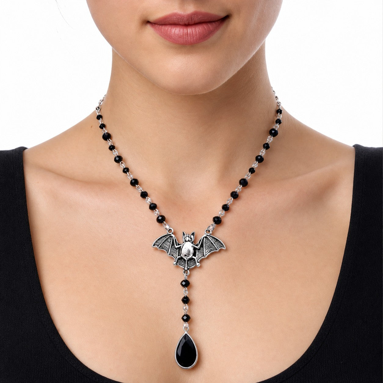 Gothic Bat Necklace with Black Crystal Beads