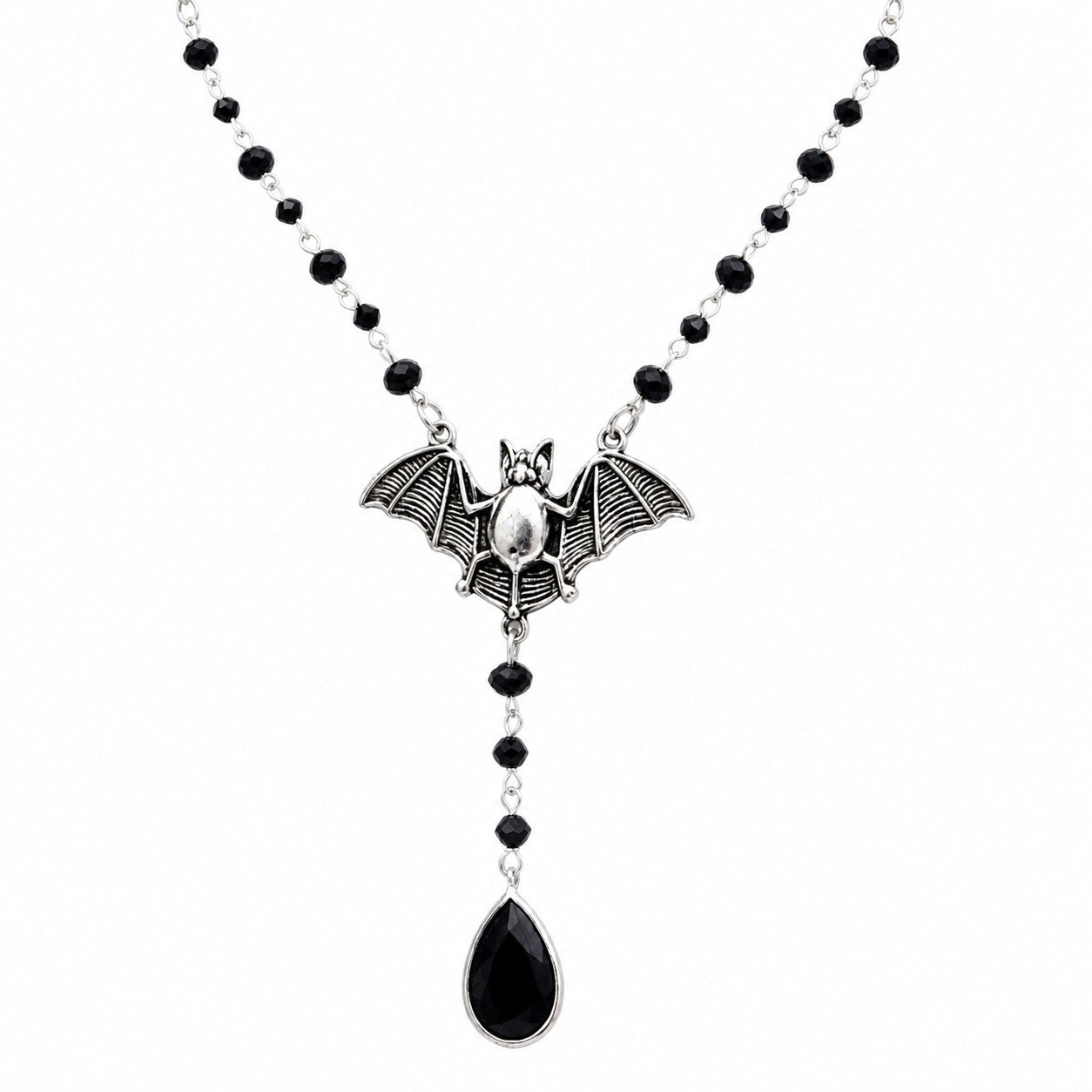 Gothic Bat Necklace with Black Crystal Beads