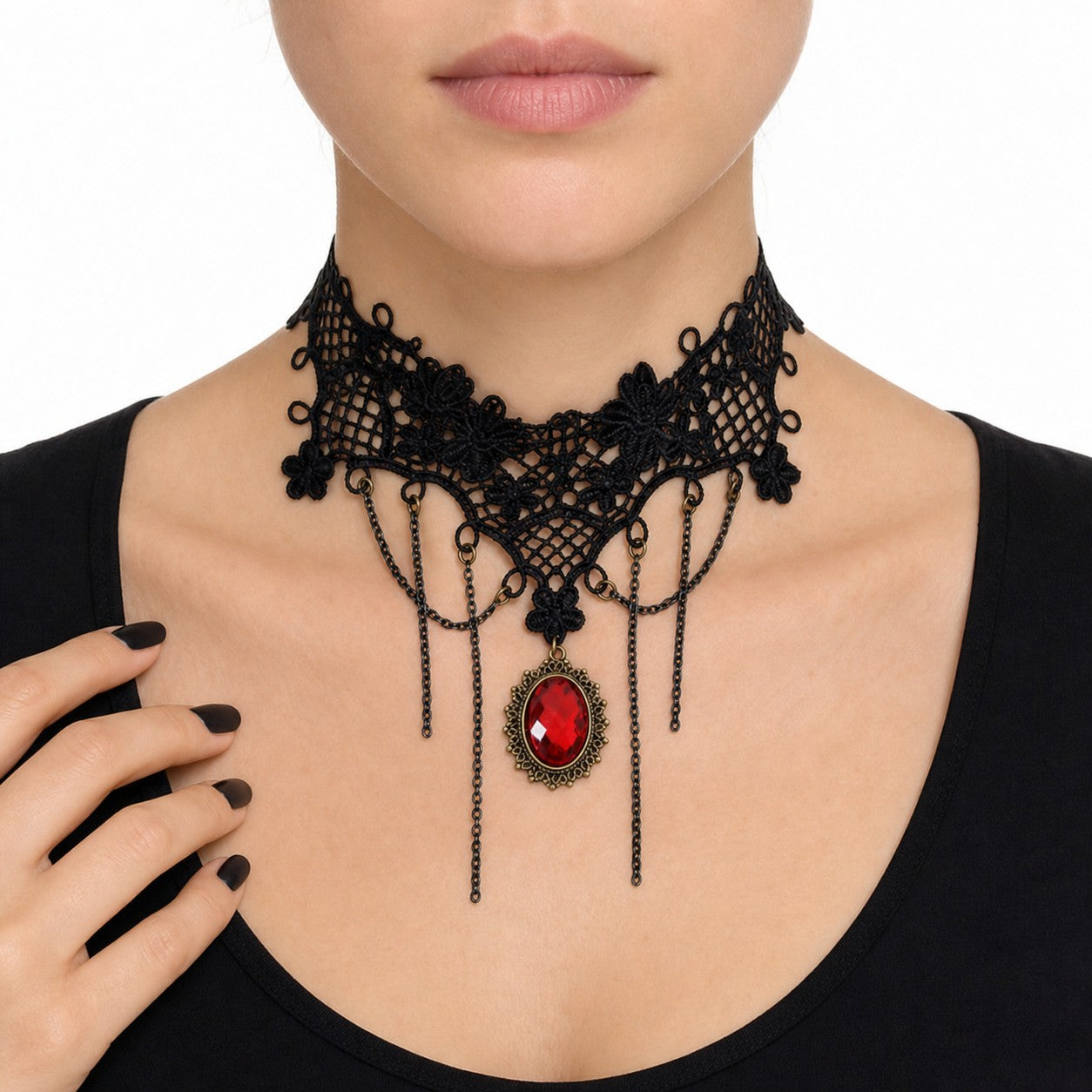 Victorian Lace Choker with Red Gem Pendant
