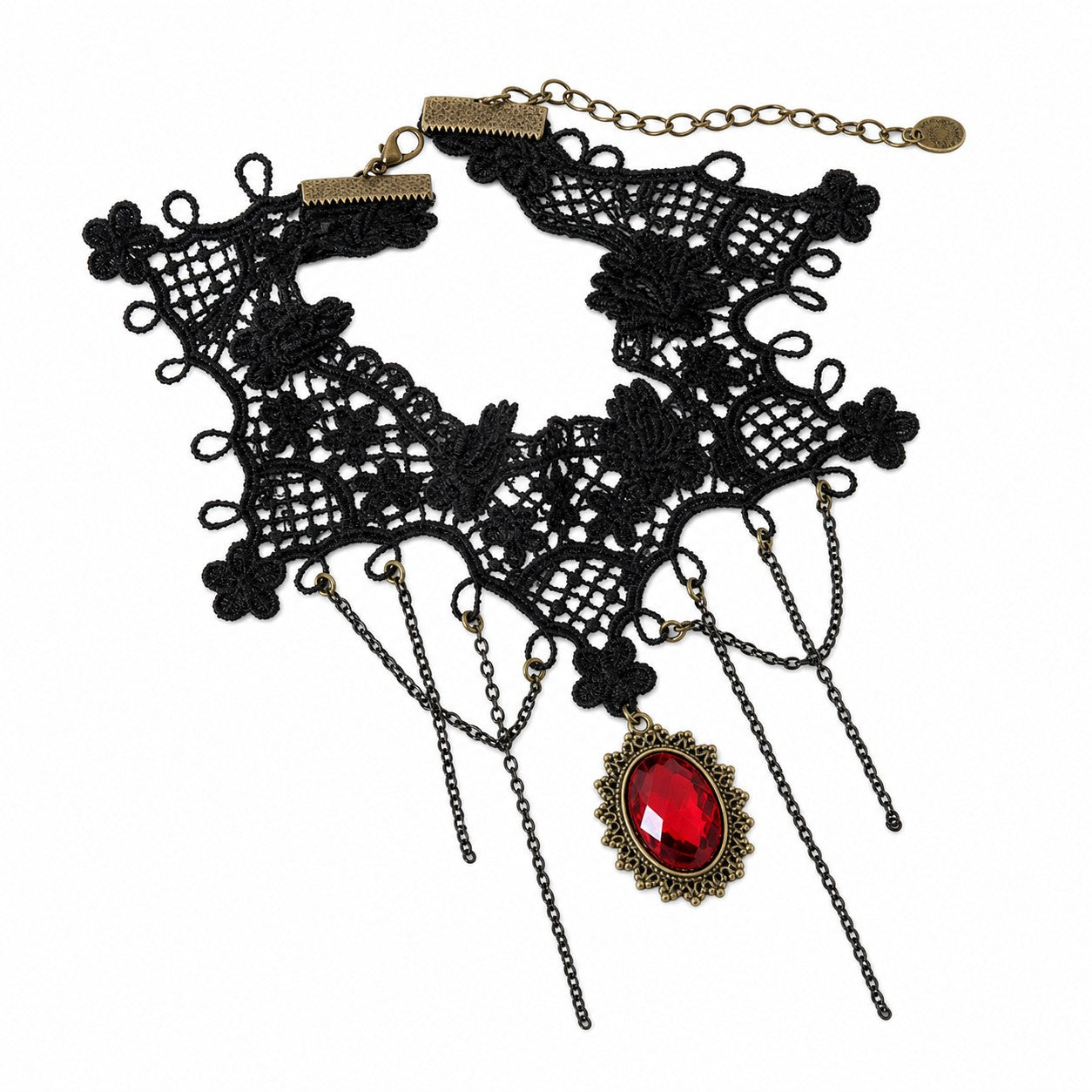 Victorian Lace Choker with Red Gem Pendant