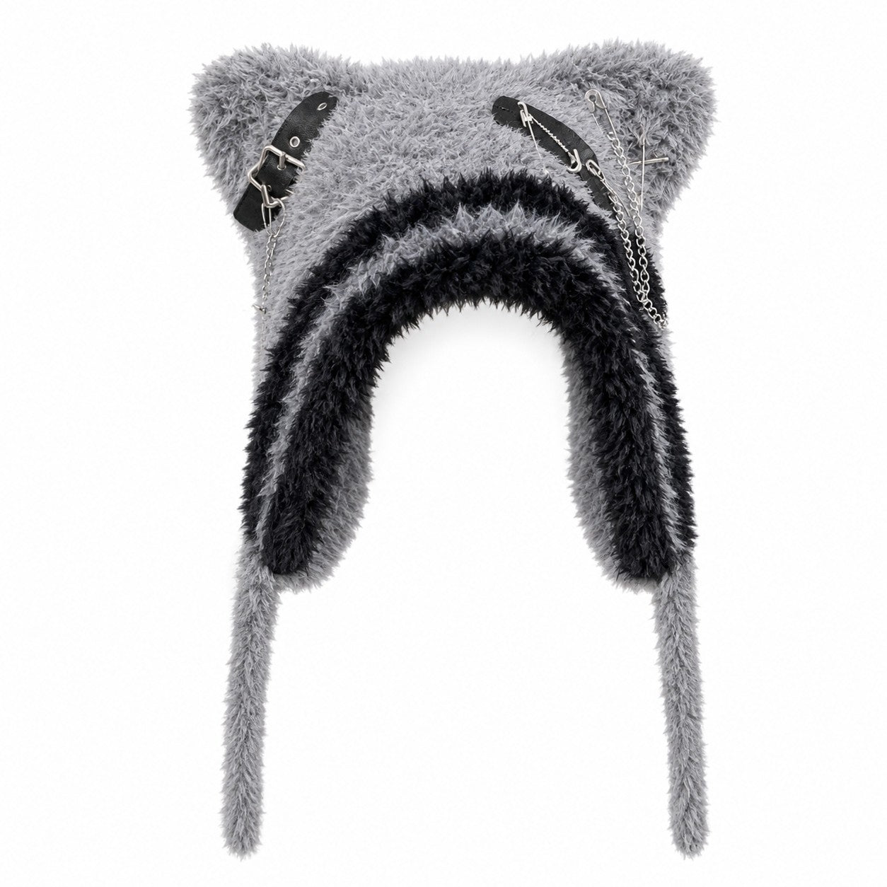 Fuzzy Bear Ear Knit Beanie with Chains & Cross