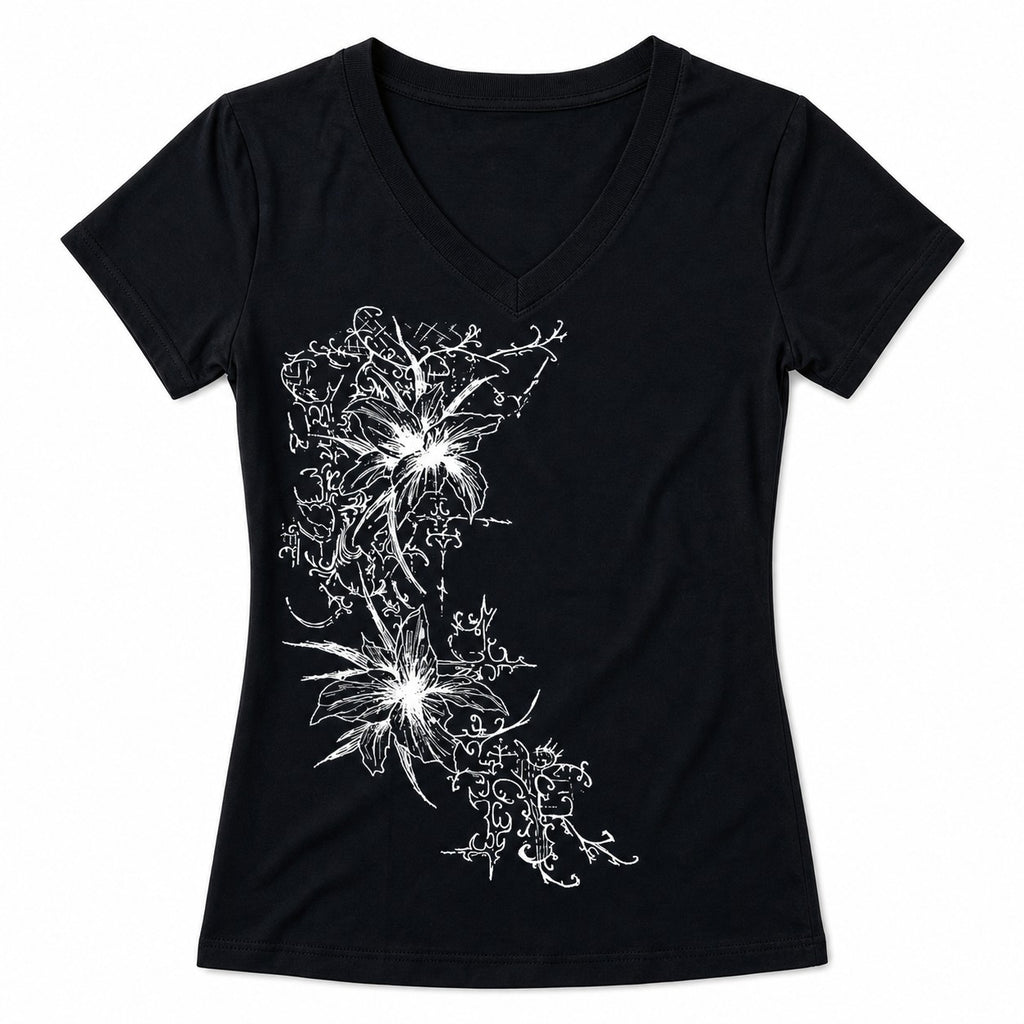 White Floral Fairy Grunge Print V-Neck Tee