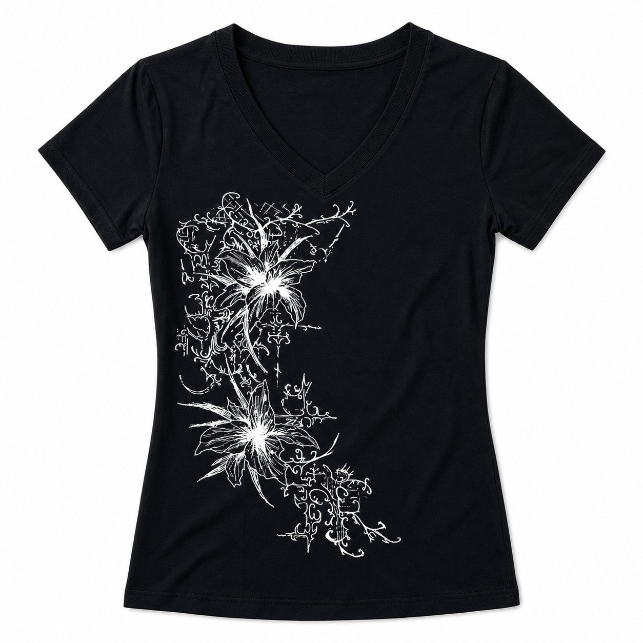 White Floral Fairy Grunge Print V-Neck Tee
