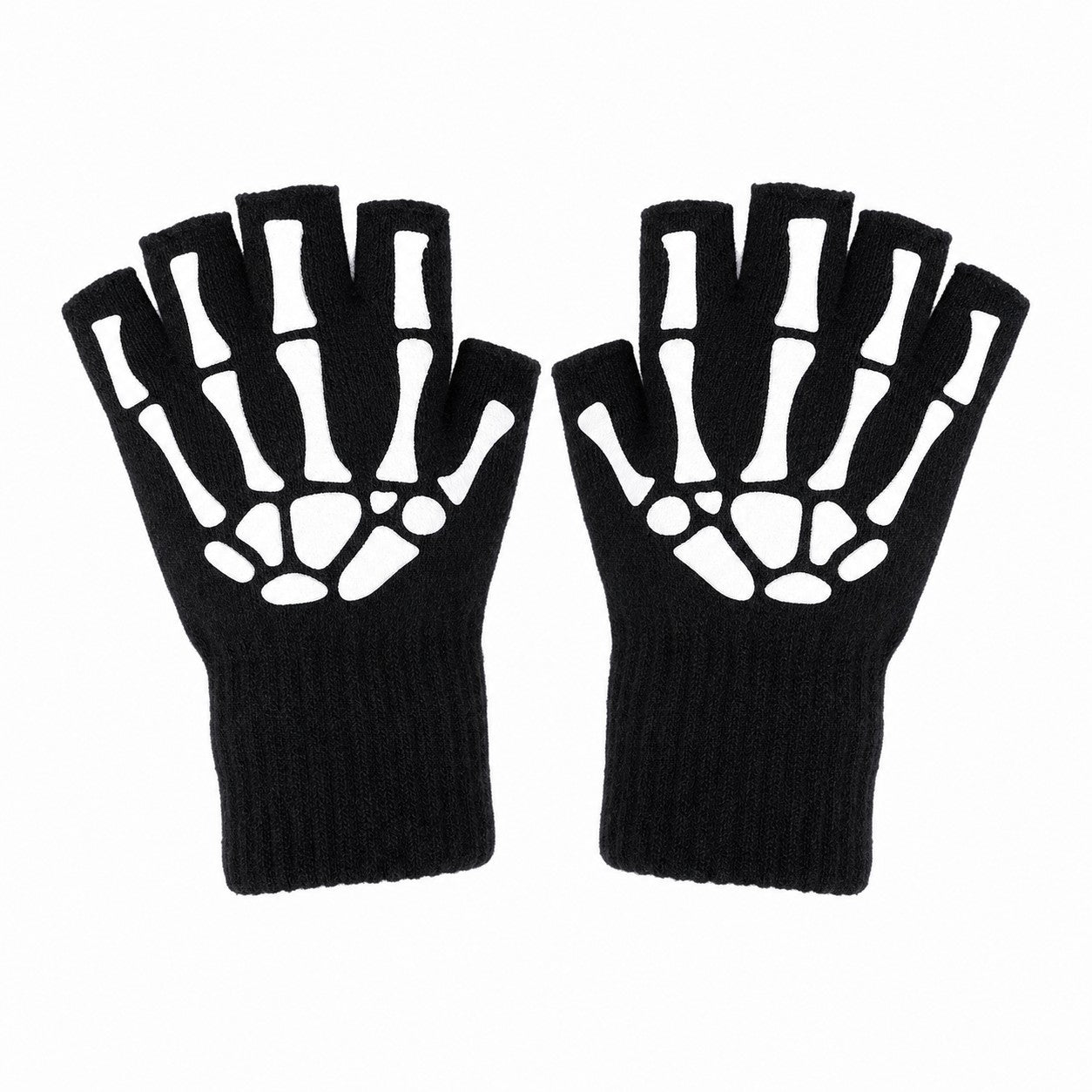 Gothic Punk Gloves Unisex Halloween Skeleton Skull Half Finger Gloves Glow in The Dark Fingerless Stretch Knitted Winter Mittens